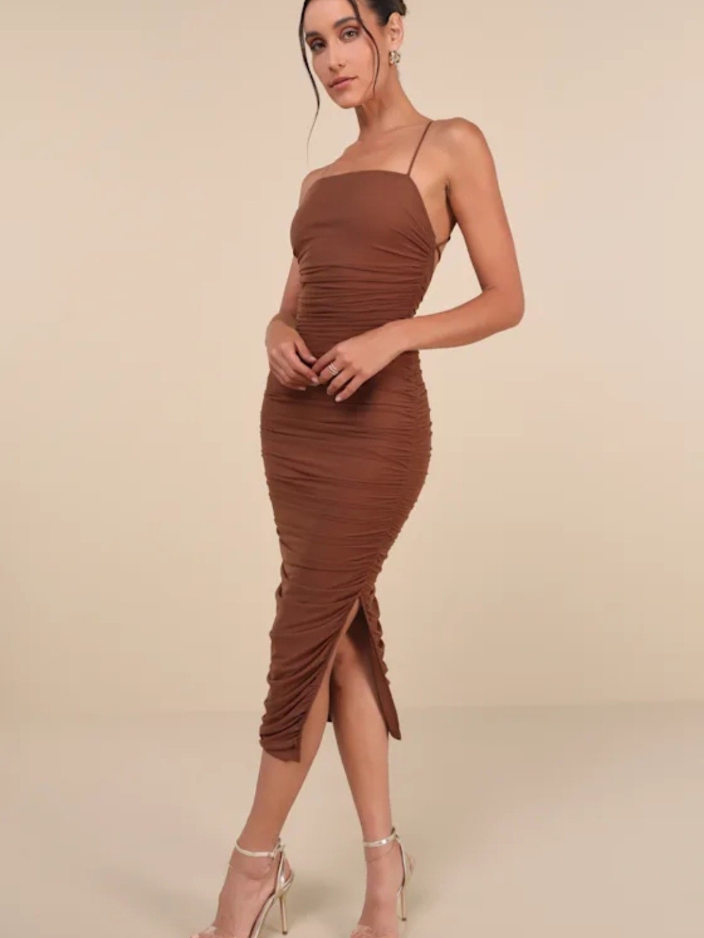 Lulus Flirty Instinct Brown Mesh Ruched Lace Up Bodycon Midi Dress Size Medium